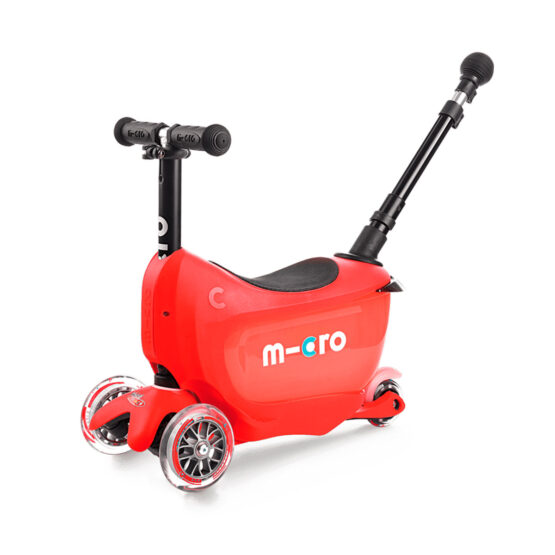 Самокат MICRO серії Mini2go Deluxe Plus – ЧЕРВОНИЙ (до 50 kg, до 20 kg із сидінням, трикол.)